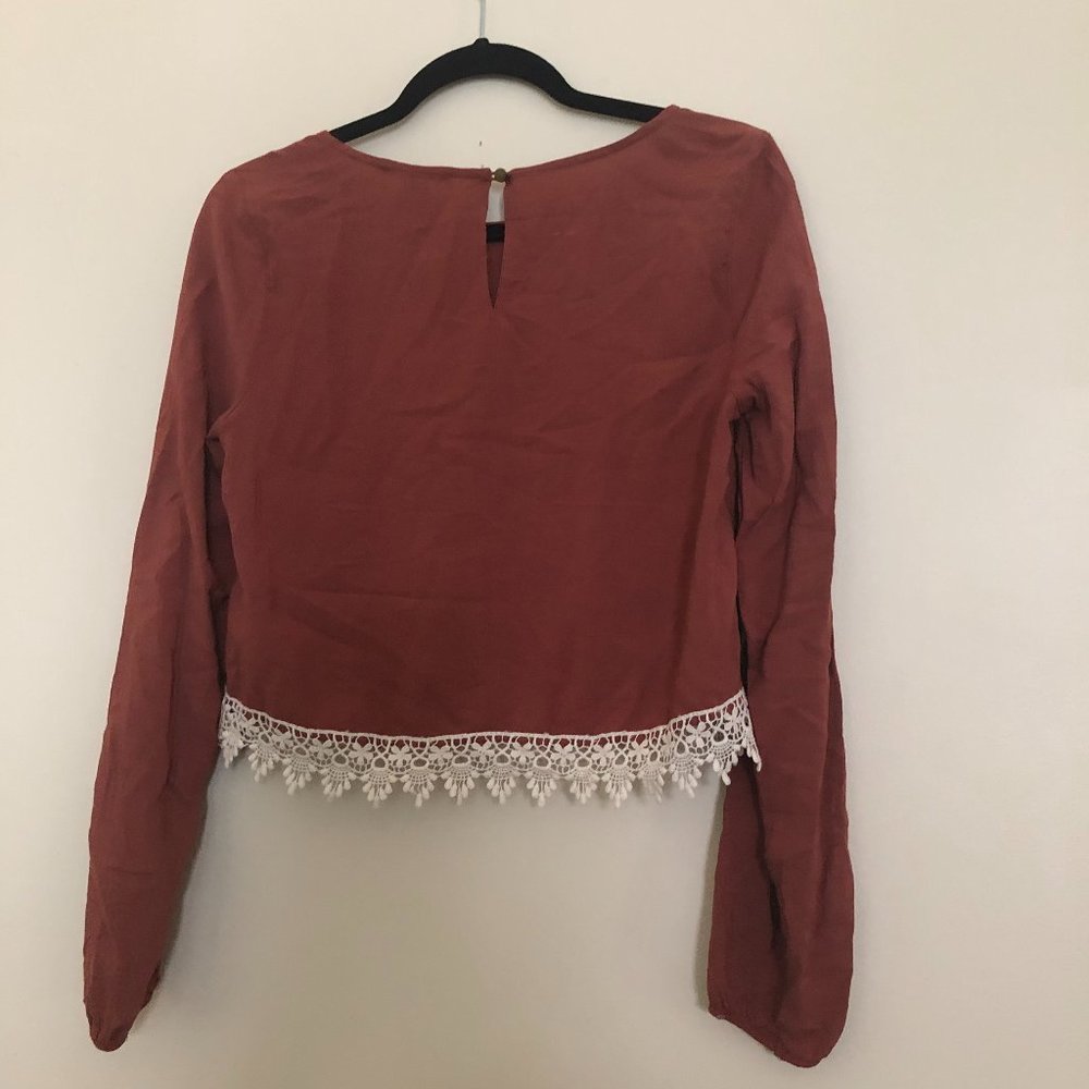 Forever 21 Rust Lace-Hem Boho Blouse | Long Sleeve | Size S - Picture 5 of 11